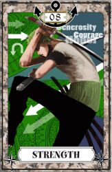  1boy anchor arrow_(symbol) bad_id bad_pixiv_id dual_wielding earrings english_text green_hair haramaki holding jewelry katana male_focus nira_(nira_box) one_piece roronoa_zoro solo strength_(tarot) sword tarot tarot_(medium) weapon 