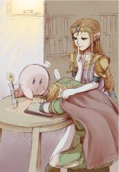  1boy bad_id bad_pixiv_id blonde_hair blue_eyes book brown_hair covering_with_blanket female flower gloves kirby kirby_(series) link long_hair pointy_ears princess_zelda saiba_(henrietta) sleeping smile super_smash_bros. the_legend_of_zelda the_legend_of_zelda:_twilight_princess 