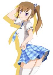  brown_hair commentary_request female futami_mami ginjyasei idolmaster idolmaster_(classic) idolmaster_2 necktie purple_eyes rough_time_school_(idolmaster) school_uniform side_ponytail skirt solo thighhighs white_thighhighs 