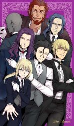  6+boys alternate_costume arm_garter artoria_pendragon_(fate) assassin_(fate/zero) beard black_hair commentary_request crossed_arms dark_skin diarmuid_ua_duibhne_(lancer)_(fate) facial_hair fate/zero fate_(series) female formal gilgamesh_(fate) gilles_de_rais_(caster)_(fate) green_eyes highres iskandar_(fate) lancelot_(fate/zero) long_hair mask mole mole_under_eye multiple_boys pant_suit pants ponytail purple_hair red_eyes red_hair reverse_trap saber_(fate) short_hair spoilers suit tori_(driftwood) vest waistcoat yellow_eyes 