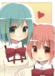  bad_id bad_pixiv_id banned_artist blue_eyes blue_hair hair_ornament hairclip heart itou_mikan kaname_madoka mahou_shoujo_madoka_magica miki_sayaka multiple_girls pink_eyes pink_hair school_uniform 