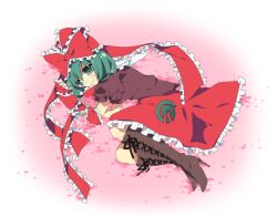  bad_id bad_pixiv_id female frills front_ponytail green_eyes green_hair hair_ribbon kagiyama_hina lying petals photoshop_(medium) ribbon solo soranagi touhou 