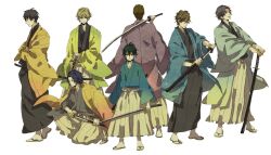  6+boys alternate_costume atobe_keigo black_hair blonde_hair brown_hair commentary_request echizen_nanjirou echizen_ryooma hageee haori highres japanese_clothes katana male_focus multiple_boys shiraishi_kuranosuke simple_background sword tennis_no_ouji-sama tezuka_kunimitsu weapon yanagi_renji yukimura_seiichi 