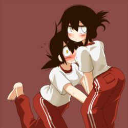  2girls alternate_hairstyle barefoot black_hair blush breasts embarrassed gym_uniform kibana_tsuitachi konohana_saku long_hair multiple_girls original pants short_hair white_eyes yellow_eyes 