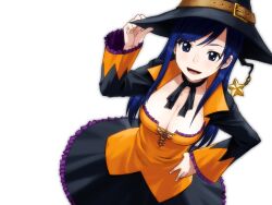  blue_eyes blue_hair breasts cleavage commentary_request dream_c_club dream_c_club_(series) dream_c_club_zero female halloween hand_on_headwear hand_on_own_hip hands hat highres large_breasts no_bra open_mouth photoshop_(medium) reika_(dream_c_club) simple_background smile solo tachibana_roku witch_hat 