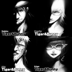  3boys barnaby_brooks_jr. bob_cut cabbie_hat commentary_request earrings facial_hair female glasses goatee greyscale hat high_contrast jake_martinez jewelry kaburagi_t._kotetsu kriem monochrome multiple_boys photoshop_(medium) portrait ruhito_(ruhitohouse) shadow tattoo tiger_&amp;_bunny 