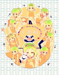  6+girls arrow_(symbol) bad_id bad_pixiv_id bare_shoulders black_legwear bow braid breasts cleavage closed_eyes collar dress eyewear_on_head flower garter_straps glasses goggles green_hair gumi hair_flower hair_ornament hairband hairbow heart juu_mensou_(vocaloid) mask midriff miniskirt multiple_girls multiple_persona nail_polish open_mouth panda ponytail profile short_hair skirt small_breasts smile socks souno_kazuki tears thighhighs tongue tongue_out twin_braids vocaloid 