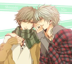  2boys brown_hair character_name commentary_request jewelry male_focus multiple_boys necklace niou_masaharu ring sannya scarf shiraishi_kuranosuke tennis_no_ouji-sama whispering white_hair 