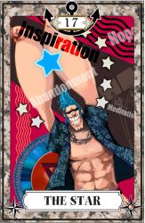  1boy abs anchor bad_id bad_pixiv_id blue_hair chain_necklace chains english_text franky_(one_piece) grin hawaiian_shirt jewelry male_focus muscular necklace nira_(nira_box) one_piece shirt smile solo standing star_(symbol) sunglasses tarot tarot_(medium) the_star_(tarot) 