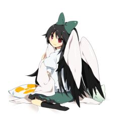  bad_id bad_pixiv_id black_hair black_wings bow female green_bow hair_ribbon hairbow long_hair pillow red_eyes reiuji_utsuho ribbon solo soranagi touhou wings 