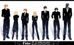  6+boys artoria_pendragon_(fate) bad_id bad_pixiv_id black_hair blonde_hair crossover emiya_kiritsugu emiya_shirou fate/extra fate/zero fate_(series) female formal gawain_(fate) ghost_in_the_shell_lineup harano_(shirohata) highres lancelot_(fate/zero) leonard_bistario_harway long_hair matou_kariya multiple_boys pant_suit pants purple_hair saber_(fate) spoilers suit 