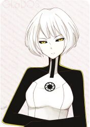  bad_id bad_pixiv_id black_sclera bob_cut bodysuit character_name colored_sclera emblem female glados kei-chan_(atlas_kei) pale_skin personification photoshop_(medium) portal_(series) portal_1 portal_2 short_hair simple_background solo upper_body white_hair yellow_eyes 