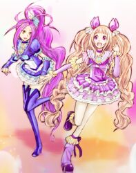  2girls :d alternate_universe blonde_hair blue_choker blue_footwear blue_skirt blue_thighhighs blue_wrist_cuffs boots bow brooch choker commentary_request cure_beat cure_humming dress frilled_wrist_cuffs frills full_body gathers goru_(cure_golgom) hair_ornament hair_ribbon hairpin happy heart hummy_(suite_precure) jewelry kurokawa_eren leg_warmers long_hair magical_girl multiple_girls open_mouth original personification photoshop_(medium) pink_eyes precure puffy_sleeves purple_hair ribbon seiren_(suite_precure) skirt smile standing standing_on_one_leg suite_precure thigh_boots thighhighs unofficial_precure_costume wrist_cuffs yellow_eyes zettai_ryouiki 