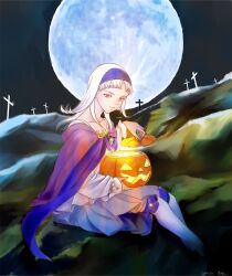  albino cape commentary_request cross dress female full_moon gensou_suikoden gensou_suikoden_ii graveyard hairband halloween jack-o&#039;-lantern moon red_eyes sakai_yume short_hair sierra_mikain thighhighs tombstone white_hair 