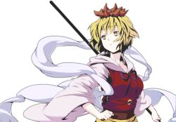  black_hair blonde_hair cl_(h-sys.) commentary_request female hair_ornament looking_back multicolored_hair shawl short_hair solo toramaru_shou touhou two-tone_hair upper_body wide_sleeves yellow_eyes 