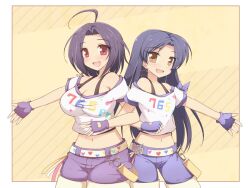  2girls :d ahoge belt blue_hair blush breasts brown_eyes casual cleavage clothes_writing commentary_request fingerless_gloves gloves idolmaster idolmaster_(classic) idolmaster_2 kisaragi_chihaya large_breasts long_hair midriff miura_azusa multiple_girls navel open_mouth red_eyes shirt short_hair shorts smile street_hopper_(idolmaster) suspenders symmetry t-shirt van-s 