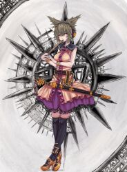  belt black_thighhighs breasts brown_eyes brown_hair commentary_request dress earmuffs female high_heels medium_breasts panzer_(p.z) ritual_baton scabbard sheath sheathed shoes short_hair solo sword thighhighs touhou toyosatomimi_no_miko weapon zettai_ryouiki 