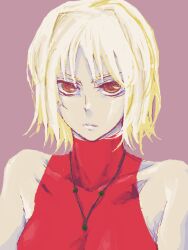  428:_fuusa_sareta_shibuya_de bad_id bad_pixiv_id bare_shoulders blonde_hair canaan_(character) canaan_(series) collarbone female looking_at_viewer necktie oekaki ra1kn serious short_hair simple_background sleeveless solo turtleneck upper_body 