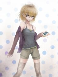  bare_shoulders blonde_hair brown_shorts commentary_request female glasses highres kenshin_(kenshin3) original short_hair shorts solo thighhighs 