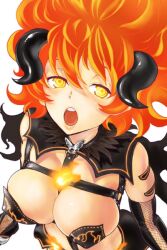  breasts cleavage female fishnets horns kousoku_otome_no_seikatai kyuujou_hina large_breasts long_hair nekoi_mie official_art open_mouth orange_hair photoshop_(medium) simple_background solo yellow_eyes 