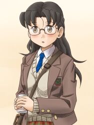  between_breasts black_hair blush breasts brown_eyes can commentary_request female glasses hikushibe_aya jacket lielos long_hair original solo strap_between_breasts 