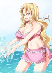  bandeau bare_shoulders bikini blonde_hair breasts cerberus_(manga) cleavage collarbone commentary_request female frills karatachi_fuyuko large_breasts long_hair navel open_mouth painttool_sai_(medium) pink_bikini pink_sarong sarong skindentation solo splashing swimsuit very_long_hair wading wavy_hair zanku 