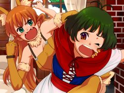  1boy akizuki_ryo animal_ears antenna_hair bare_shoulders blush brown_eyes commentary_request crossdressing elbow_gloves fangs female gloves grabbing green_eyes green_hair idolmaster idolmaster_dearly_stars little_red_riding_hood long_hair open_mouth otoko_no_ko pettan_p sakurai_yumeko short_hair tail wince 