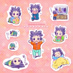  1boy aged_down baby bad_id bad_pixiv_id ball blanket eating high_chair inazuma_eleven_(series) inazuma_eleven_go kageyama_hikaru kageyama_reiji lolicon male_focus purple_eyes purple_hair saliva sleeping smile solo_focus tears television yasaisanhatotemo_pedo_joutai 