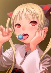  blonde_hair candy female food hair_ornament highres ishida_karin licking lollipop long_hair murata_range official_art photoshop_(medium) red_eyes scan shangri-la solo tongue twintails upper_body zipper 