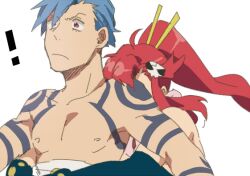  ! 1boy bad_id bad_pixiv_id blue_hair couple female hair_ornament hug hug_from_behind kamina_(ttgl) ponytail red_eyes red_hair straight tattoo tengen_toppa_gurren_lagann topless_male white_background yoko_littner zukki_(suzukio) 