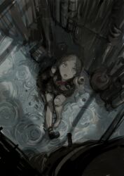  alley android bad_id bad_pixiv_id black_hair brown_eyes cyberpunk doll_joints female grey_eyes grey_theme highres joints looking_up mechanical missing_limb nimirom nimirom_(6403aghm) open_mouth original pov rain ripples robot science_fiction sitting solo water 