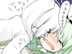  &gt;_&lt; 2girls closed_eyes commentary_request dress green_dress green_hair hat japanese_clothes licking mononobe_no_futo multiple_girls open_mouth phenne ponytail ribbon short_hair soga_no_tojiko tate_eboshi tongue touhou translated white_hair 