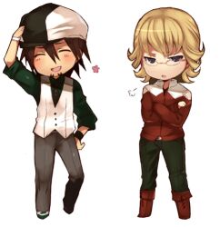  2boys barnaby_brooks_jr. blonde_hair blue_eyes boots brown_hair cabbie_hat chibi commentary_request crossed_arms facial_hair flower glasses hat jacket ju-zika kaburagi_t._kotetsu lowres male_focus multiple_boys necktie red_jacket stubble tiger_&amp;_bunny vest waistcoat watch wristwatch 