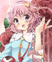  arm_up bad_id bad_pixiv_id blush female flower hairband heart komeiji_satori open_mouth pink_eyes pink_hair red_flower red_rose rose shirt short_hair solo supershiruco third_eye touhou 