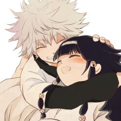  2boys alluka_zoldyck black_hair brothers closed_eyes commentary_request grin hairband hug hunter_x_hunter japanese_clothes killua_zoldyck multi-tied_hair multiple_boys nii_(aaaelrrroas) open_mouth otoko_no_ko siblings smile white_hair 