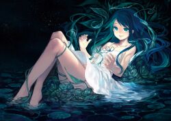  bare_legs bare_shoulders barefoot chinese_commentary commentary_request female light_smile long_hair mixed-language_commentary partial_commentary photoshop_(medium) plant saya_(saya_no_uta) saya_no_uta silverwing sky soaking_feet solo star_(sky) starry_sky vines water 