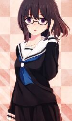  black_hair commentary_request female glasses highres laco_soregashi long_hair open_mouth original photoshop_(medium) purple_eyes ruffling_hair school_uniform semi-rimless_eyewear serafuku skirt solo under-rim_eyewear 