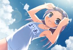  :d amakara_surume bad_id bad_pixiv_id blue_eyes boku_wa_tomodachi_ga_sukunai cloud day female goggles goggles_on_head long_hair name_tag oerba_yun_fang one-piece_swimsuit open_mouth photoshop_(medium) purple_hair school_swimsuit sky smile solo swimsuit takayama_maria white_one-piece_swimsuit 