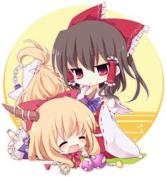  2girls ascot bad_id bad_pixiv_id blonde_hair bow brown_hair chains chibi closed_eyes commentary_request cube detached_sleeves gourd hair_tubes hairbow hakurei_reimu horn_ornament horn_ribbon horns ibuki_suika long_hair multiple_girls open_mouth pyramid_(geometry) red_eyes ribbon skirt smile touhou yukimiya_(parupunta) 