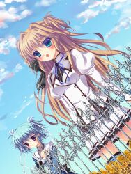  2girls blonde_hair blue_eyes blue_hair blush bow cloud commentary_request day ebicha fence hair_intakes hair_ribbon hairbow long_hair mashiroiro_symphony multiple_girls open_mouth purple_eyes ribbon school_uniform sena_airi skirt sky smile thighhighs twintails two_side_up uryuu_sakuno zettai_ryouiki 