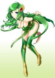  arms_behind_back bent_over blue_eyes boots breasts commentary_request female final_fantasy final_fantasy_iv green_footwear green_hair green_leotard green_theme hair_ornament hanging_breasts high_heels large_breasts leaning_forward leotard long_hair rydia_(ff4) shoes solo st.germain-sal thighhighs 