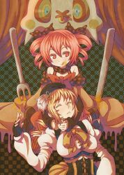  2girls :q bare_shoulders beret blonde_hair bow breasts charlotte_(madoka_magica) checkered_background closed_eyes commentary_request corset cradling_head detached_sleeves drill_hair fingerless_gloves fork gloves hair_ornament hair_ribbon hat honey knife lap_pillow large_breasts magical_girl mahou_shoujo_madoka_magica mahou_shoujo_madoka_magica_(anime) multiple_girls personification photoshop_(medium) pink_eyes pink_hair polka_dot ribbon tomoe_mami tomoe_mami_(magical_girl) tongue tongue_out vinhnyu 