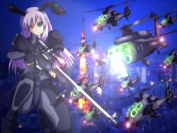  aircraft alternate_costume animal_ears bipod bolt_action building city commentary_request female ghost_in_the_shell ghost_in_the_shell_stand_alone_complex gun gunship helicopter junkei kawasaki_oh-1 long_hair military night rabbit_ears reisen_udongein_inaba rifle scope sniper_rifle solo touhou uh-60_blackhawk weapon 