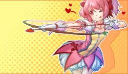  &gt;_&lt; ;p aiming arrow_(projectile) bad_id bad_pixiv_id bow_(weapon) bubble_skirt choker closed_eyes drawing_bow dress female gloves halftone halftone_background heart holding holding_arrow holding_bow_(weapon) holding_weapon kaname_madoka kaname_madoka_(magical_girl) left-handed magical_girl mahou_shoujo_madoka_magica mahou_shoujo_madoka_magica_(anime) one_eye_closed orange_background outstretched_arm peko-chan photoshop_(medium) pink_eyes pink_hair rheez short_twintails skirt solo soul_gem tongue tongue_out twintails weapon yellow_background 