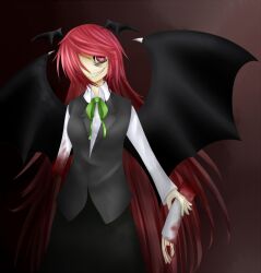  amputee bad_id bad_pixiv_id bat_wings blood dress_shirt evil_grin evil_smile female grin hair_over_one_eye head_wings k285k koakuma koishi_komeiji&#039;s_heart-throbbing_adventure long_hair long_sleeves red_eyes red_hair ribbon self-harm severed_arm severed_hand severed_limb shirt skirt smile solo spoilers touhou vest wings 