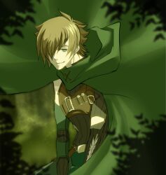  1boy brown_hair cloak commentary_request fate/extra fate_(series) green_eyes hair_over_one_eye hood ks_walnut male_focus photoshop_(medium) robin_hood_(fate) solo 