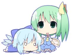  2girls blue_hair blush_stickers chibi cirno commentary_request daiyousei fairy_wings green_eyes green_hair ladfa multiple_girls o_o photoshop_(medium) side_ponytail skirt skirt_set touhou white_background wings 