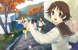  4girls :d autumn brown_eyes brown_hair camera commentary_request hanawa_kaoru hands_on_own_hips hirokiku long_hair looking_at_viewer multiple_girls okazaki_norie open_mouth pointing sakurada_maon sawatari_fuu school_uniform short_hair smile stairs sweater tamayura tree twintails 