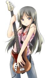  akiyama_mio band_shirt bare_shoulders bass_guitar black_eyes black_hair commentary_request daiki female fender_jazz_bass heavy_metal highres instrument k-on! long_hair looking_at_viewer merchandise mouth_hold off_shoulder plectrum simple_background slayer_(band) solo standing strap_slip tank_top 