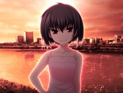  black_hair city female female game_cg girl kawakami_momoyo maji_de_watashi_ni_koi_shinasai! outdoors short_hair sky smile solo water 